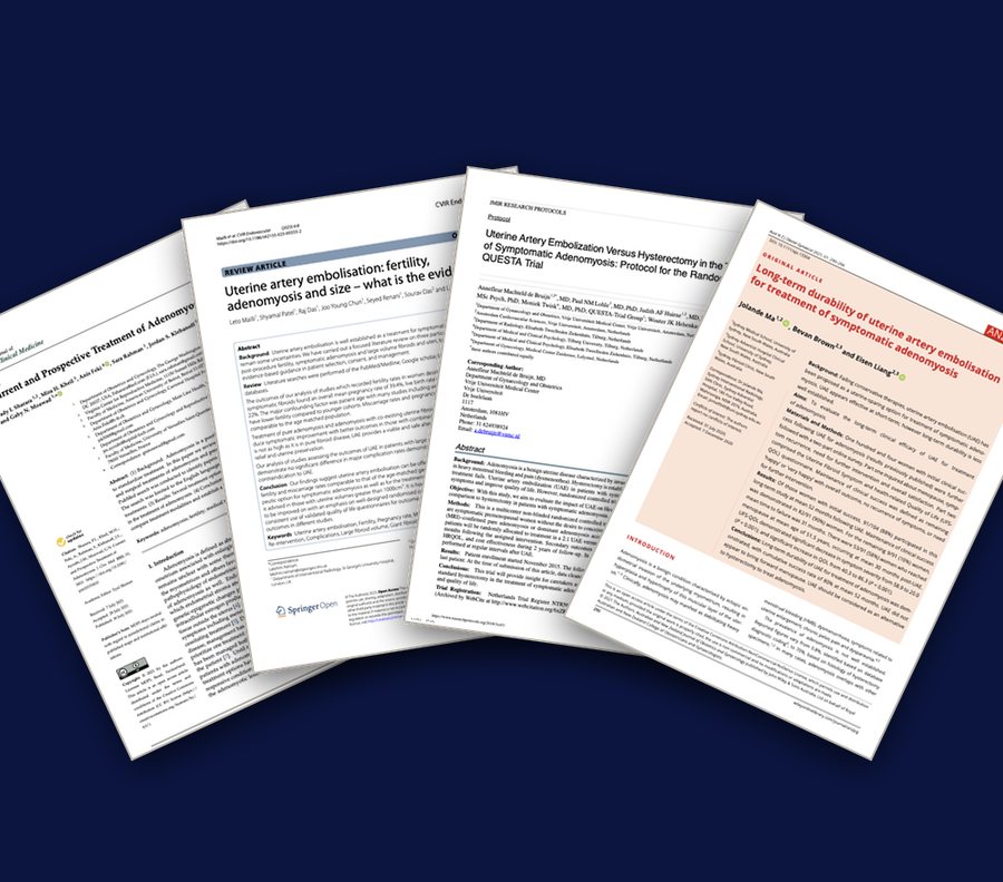 A fanned stack of published journal papers on uterine artery embolization for adenomyosis