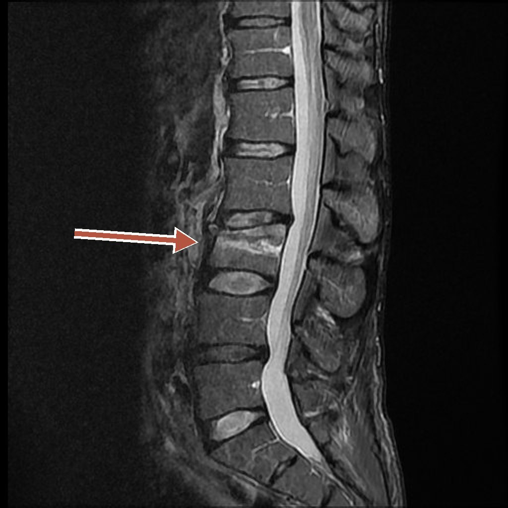 Side-view MRI of the lower spine (STIR sequence) with an arrow marking the L3 vertebra, which glows bright inside — swelling from a fresh, active fracture