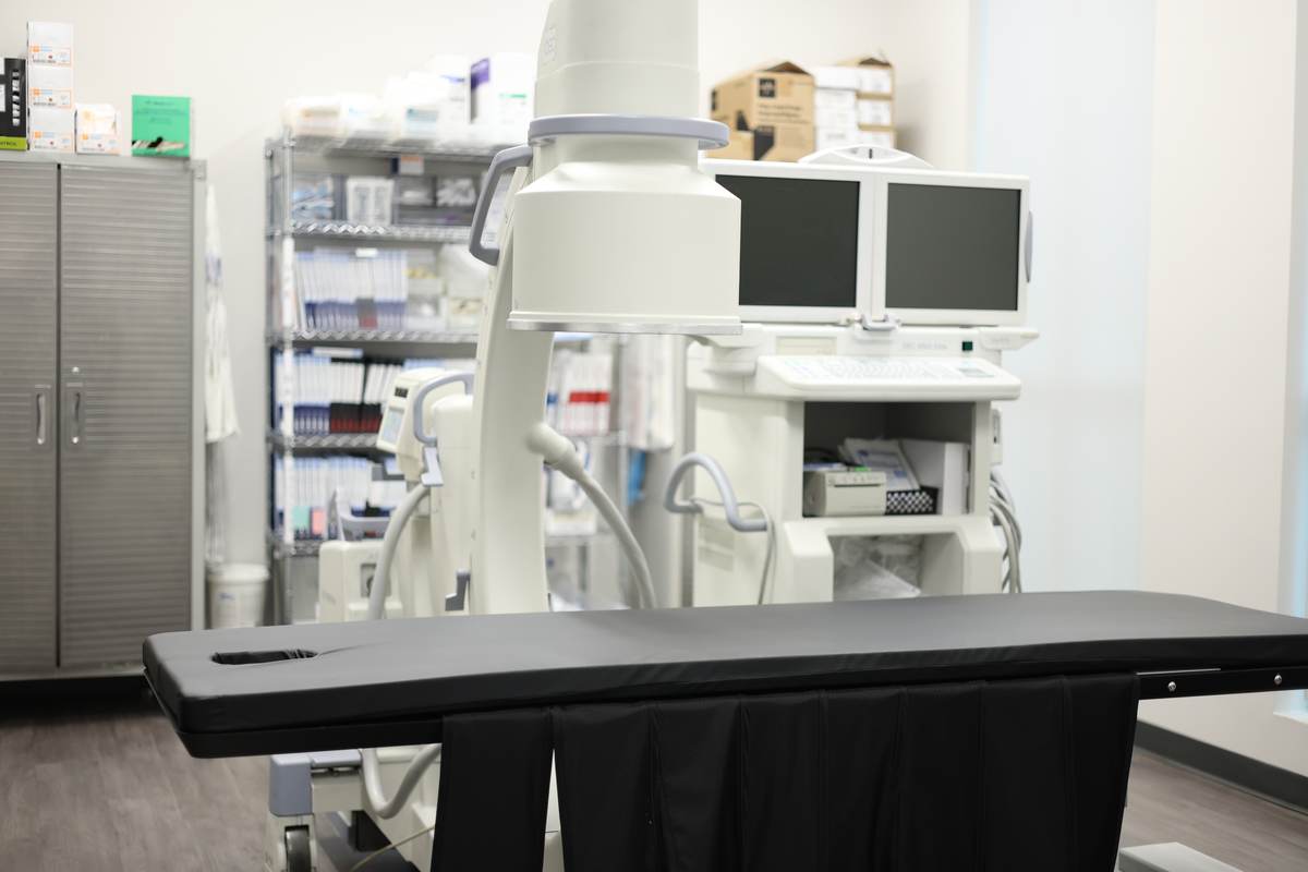 The angiography suite at ARV Centers: imaging equipment and procedure table