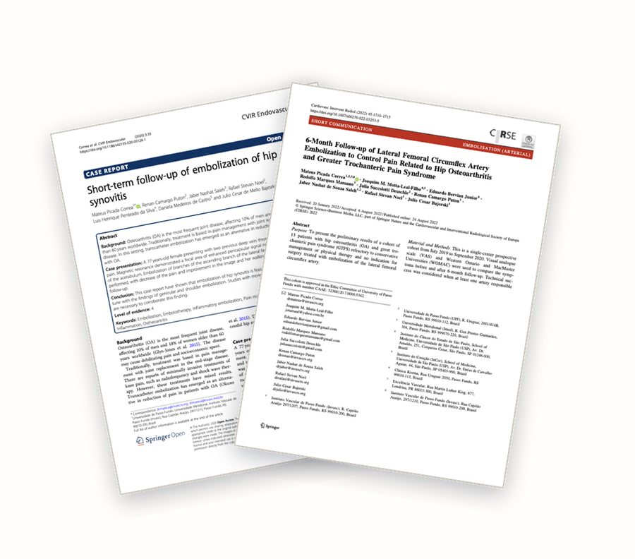 Two published journal papers on hip embolization, fanned out