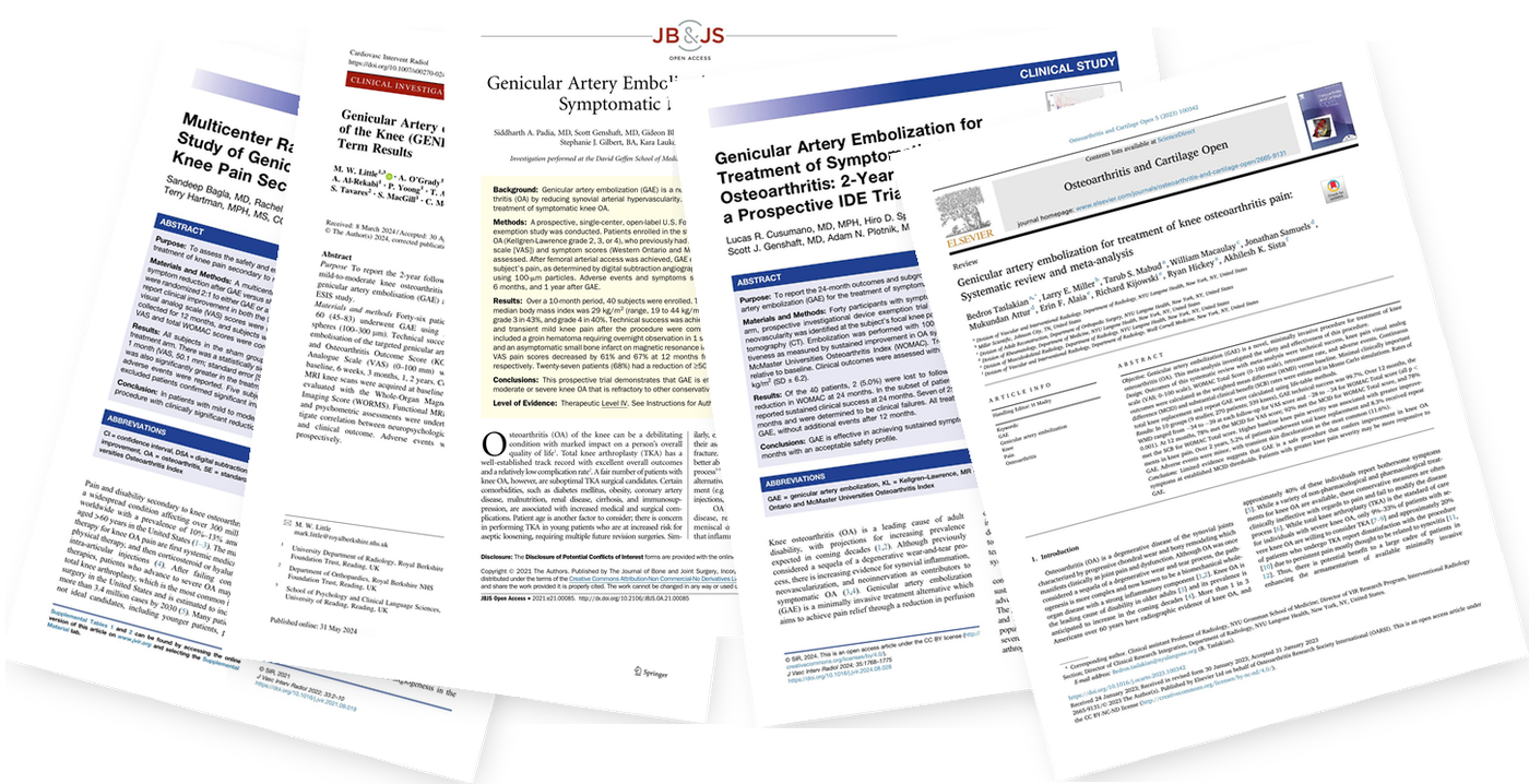 A fanned stack of published journal articles on genicular artery embolization