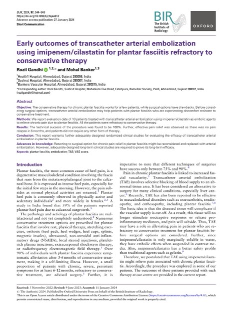 First page of Gandhi & Banker, British Journal of Radiology, 2024: early outcomes of transcatheter arterial embolization using imipenem/cilastatin for plantar fasciitis refractory to conservative therapy