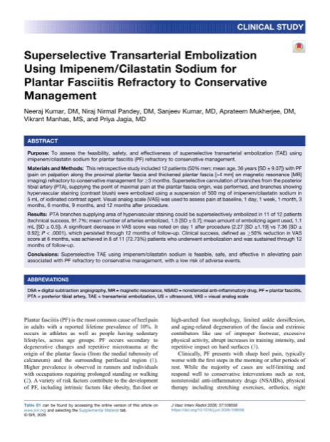 First page of Kumar et al., Journal of Vascular and Interventional Radiology, 2026: superselective transarterial embolization using imipenem/cilastatin sodium for plantar fasciitis refractory to conservative management