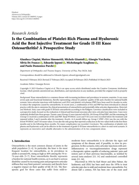 First page of Ciapini et al., Advances in Orthopedics 2023: is the combination of platelet-rich plasma and hyaluronic acid the best injective treatment for grade II-III knee osteoarthritis?