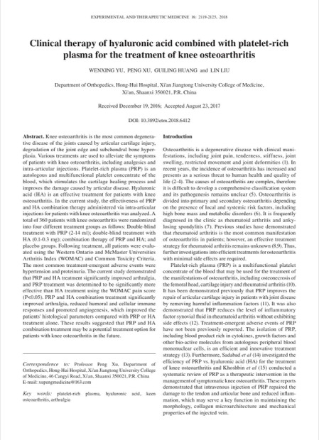 First page of Yu et al., Experimental and Therapeutic Medicine 2018: clinical therapy of hyaluronic acid combined with platelet-rich plasma for the treatment of knee osteoarthritis