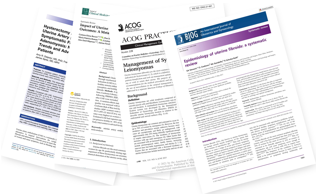 A fanned stack of published journal articles on uterine fibroid embolization
