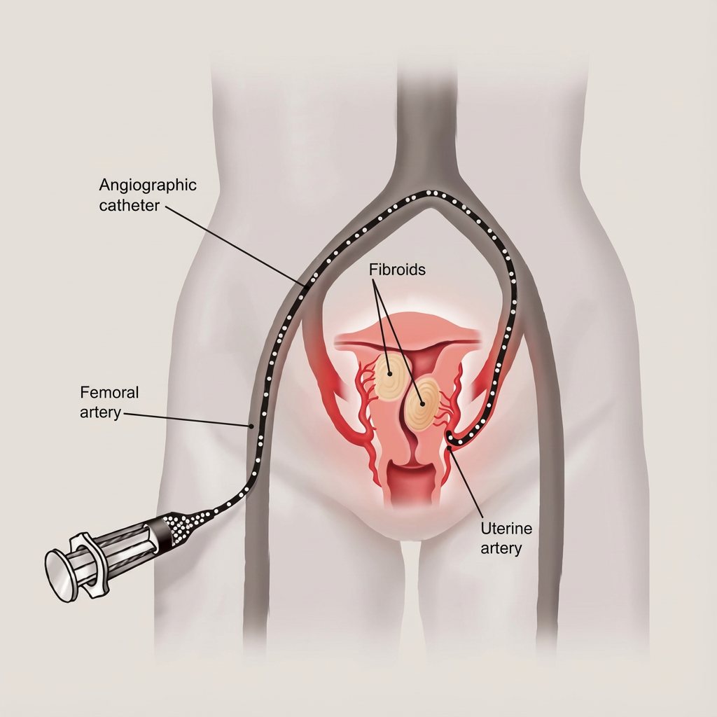 Diagram of uterine fibroid embolization: a catheter passed from the femoral artery in the groin around to the uterine arteries feeding the fibroids